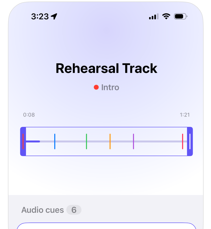 Audio cues interface showing playback controls and cue points