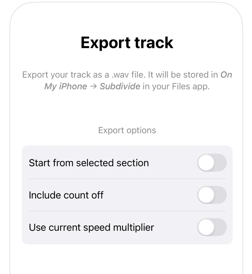 Audio export feature in Subdivide app for sharing practice tracks