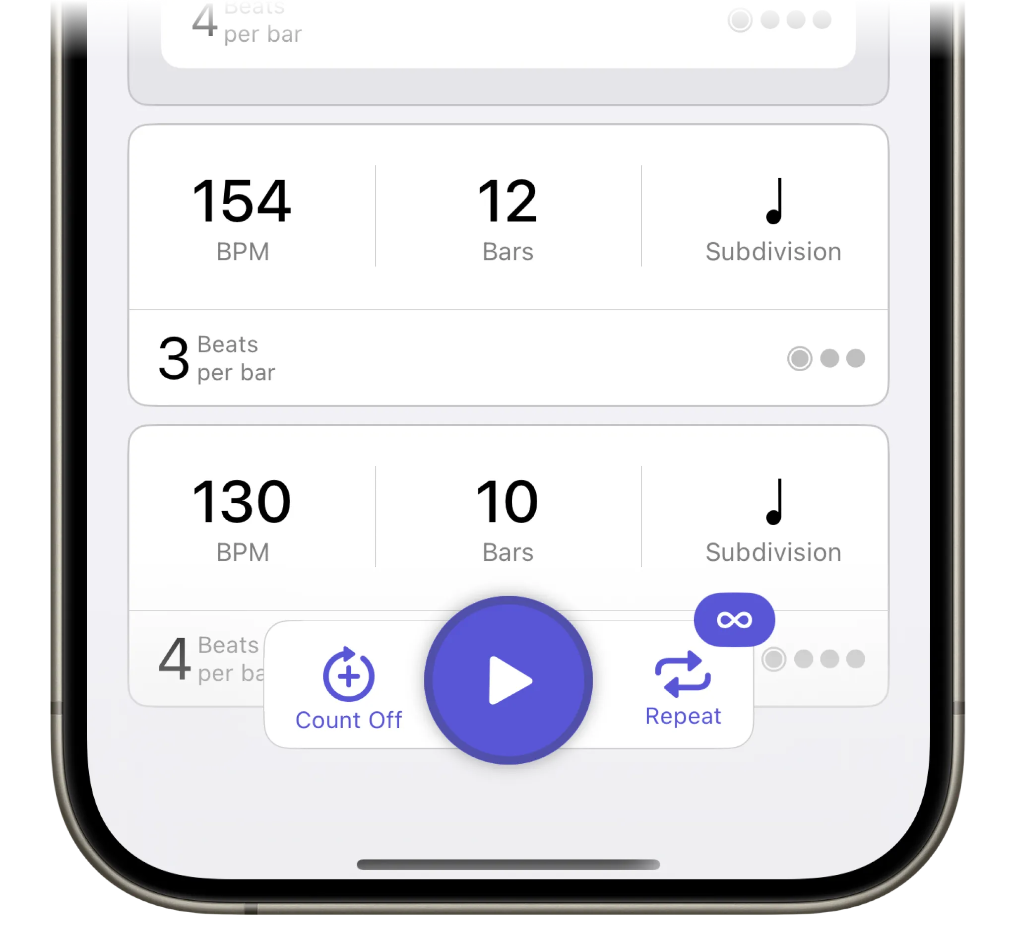 An image showing the track player controls of Sudivide, including Play, Repeat, and Countoff
