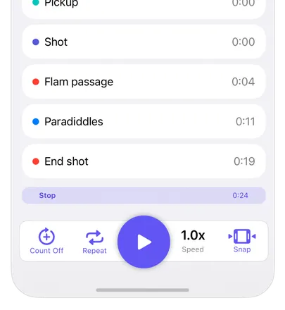 A Subdivide audio cue list with cues named Pickup, Shot, Flam passage, Paradiddles, and End shot, above count off, repeat, and speed controls