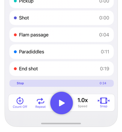 A Subdivide cue list with cues named Pickup, Shot, Flam passage, Paradiddles, and End shot, above count off, repeat, speed, and snap controls