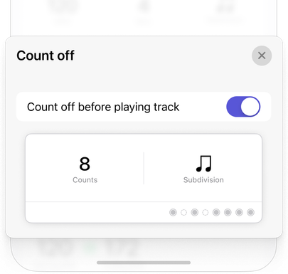 Subdivide's count off settings: count off before playing track, 8 counts of quarter notes with an accent pattern