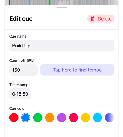 Editing a cue named Build Up in Subdivide, with a count off BPM of 150, a Tap here to find tempo button, a timestamp, and color options