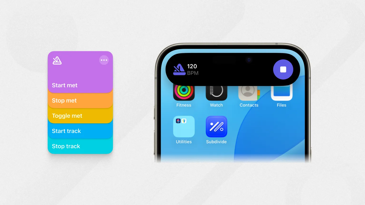 A picture showing Subdivide's Live Activities and Shortcuts features in action.