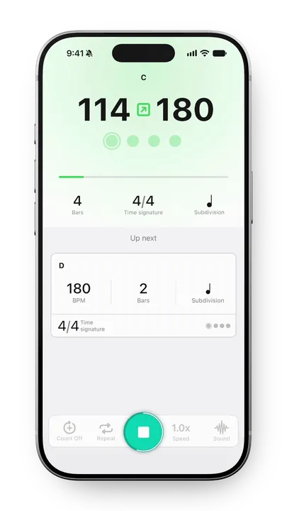 The track player during a tempo ramp from 114 to 180 BPM, with the next section shown underneath