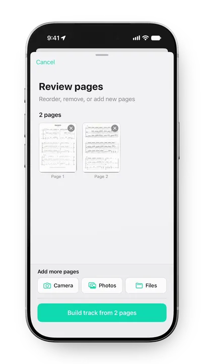 The Review pages screen showing two scanned pages, with buttons to add more from the camera, Photos or Files