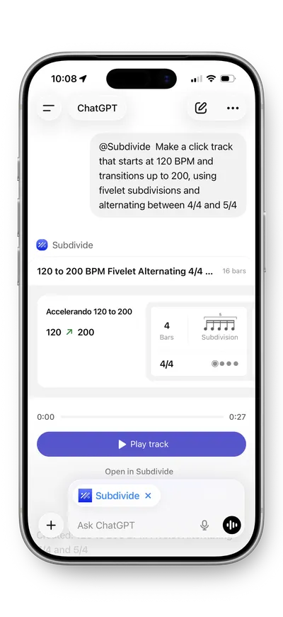 Subdivide generating a tempo ramp click track inside a ChatGPT conversation.
