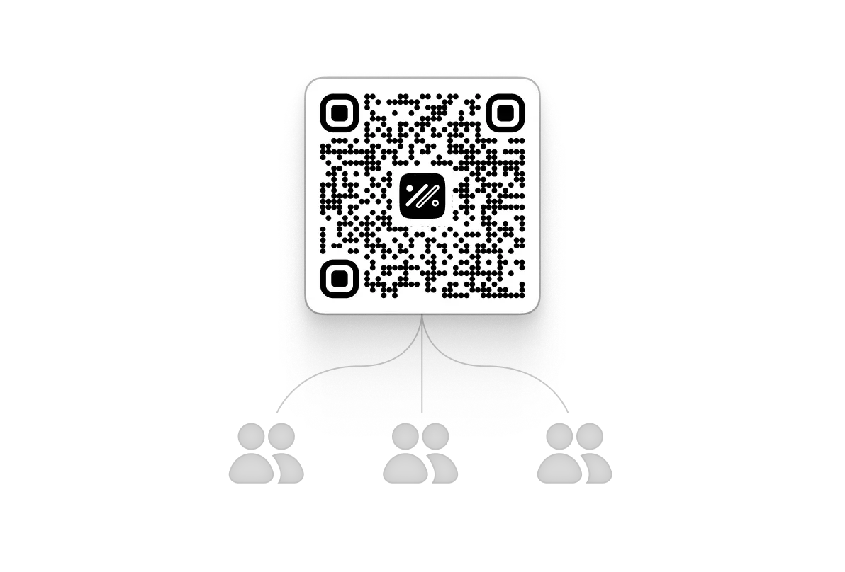 A Subdivide track QR code used for sharing tracks, witht lines connecting it to multiple icons representing students