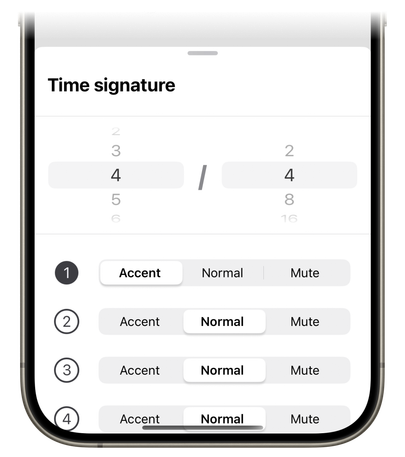 Subdivide's time signature picker set to 4/4, with beat 1 set to accent and beats 2 to 4 set to normal
