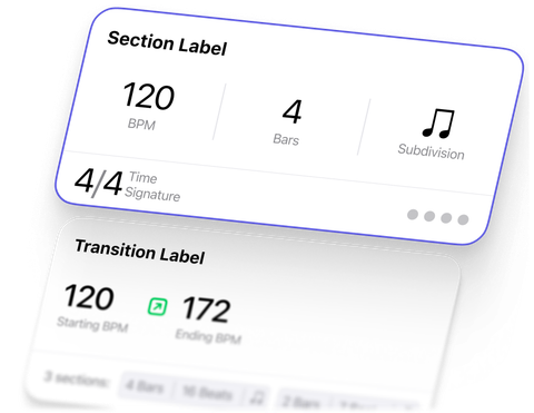 Two cards from a Subdivide track: a section at 120 BPM for 4 bars of 4/4, and a transition ramping from 120 to 172 BPM