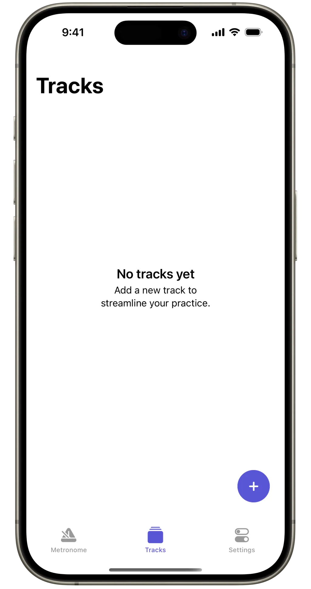 The tracks tab of Subdivide app, empty with a plus button