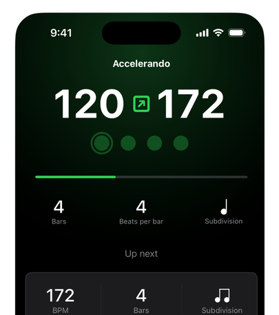 A Subdivide track playing an accelerando from 120 to 172 BPM, with the next section shown underneath
